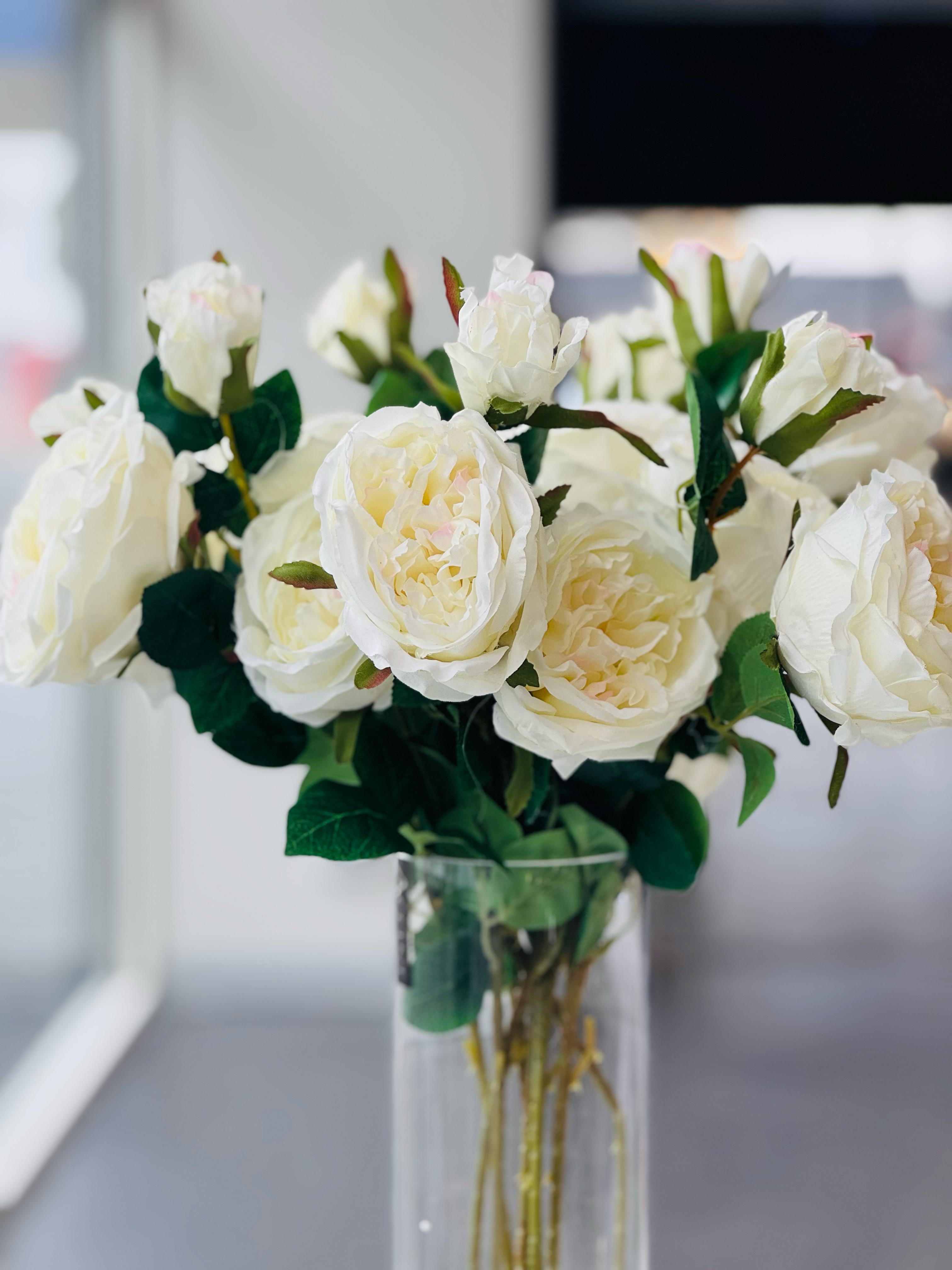 Artificial Rose Stems – Set of 2 Stems – 60cm with 3 Flowers Each - Off White