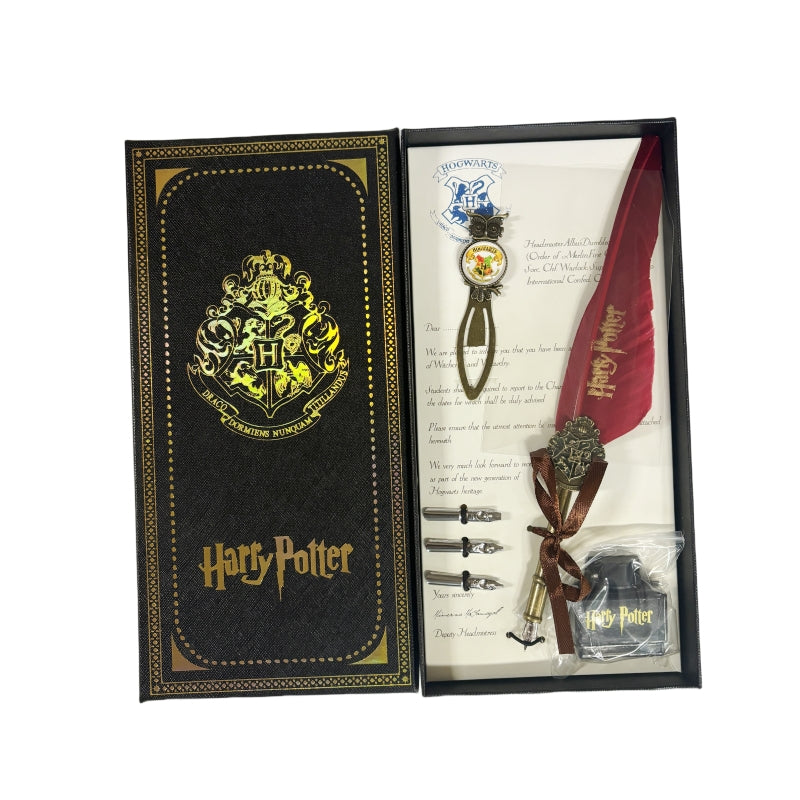 Harry Potter Vintage Feather Dip Pen Writing Set with ink Calligraphy Quill Pen Gifts - CLARET RED