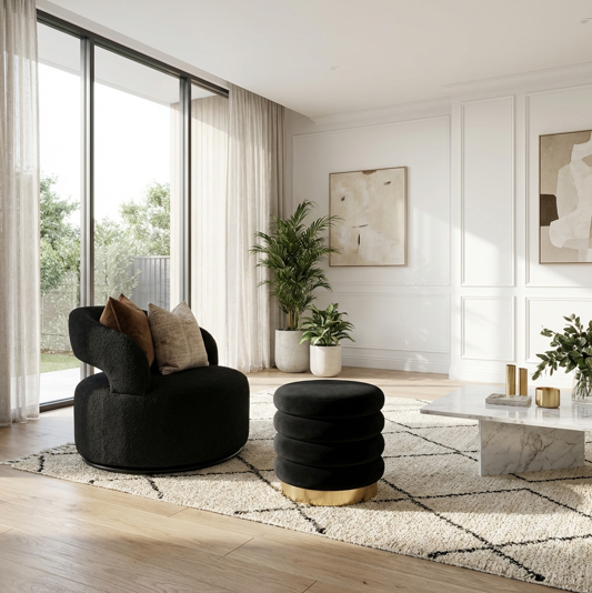 Interior Ave - Roma Round Velvet Ottoman / Footstool – Black