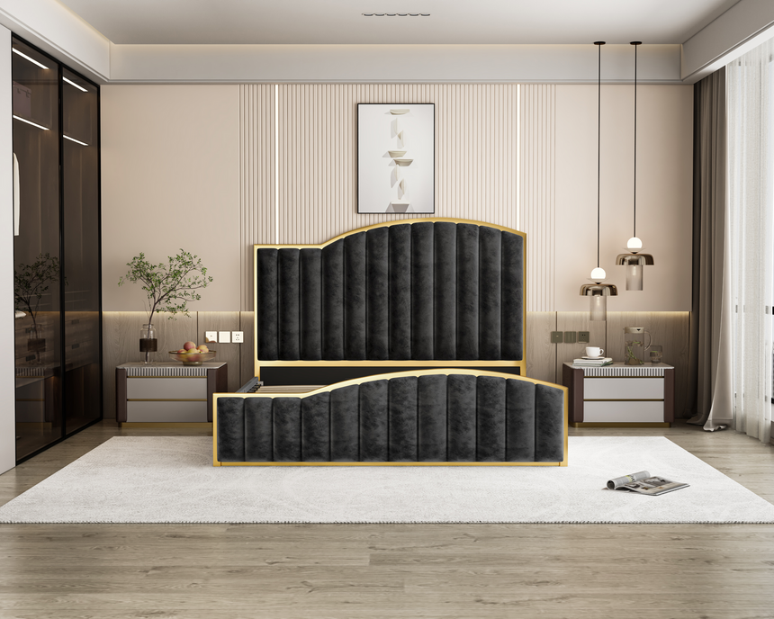 Elegant King Bedframe Charcoal Velvet Fabric with Gas Lift Storage and Golden Trim