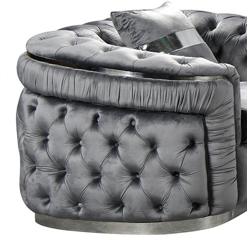 2 Seater Sofa Grey Velvet Fabric Solid Wood construction Silver Stainless Steel Trim
