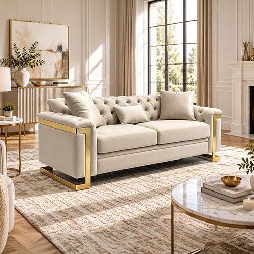 Juliette 3 Seater Velvet Sofa with Gold Trim in Beige