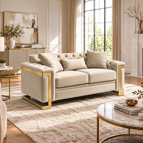 Juliette 2 Seater Velvet Sofa with Gold Trim in Beige