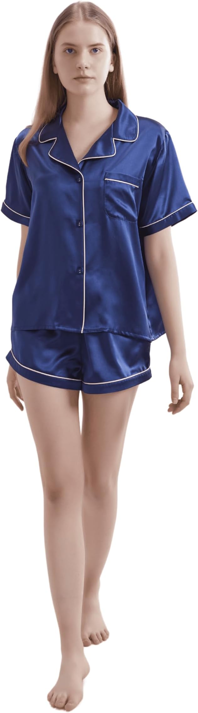 Silk Short Pyjama Set - Navy Blue, Large - Soft & Luxurious Sleepwear for Relaxation - Breathable Comfort for Restful Nights