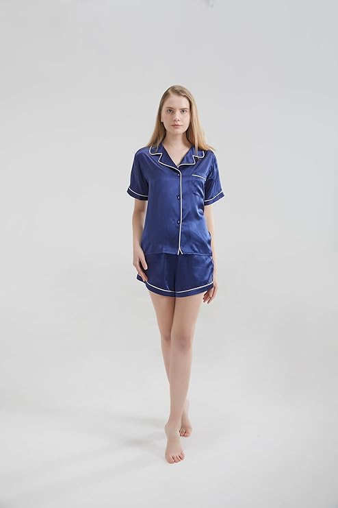 Silk Short Pyjama Set - Navy Blue, Medium - Soft & Luxurious Sleepwear for Relaxation - Breathable Comfort for Restful Nights