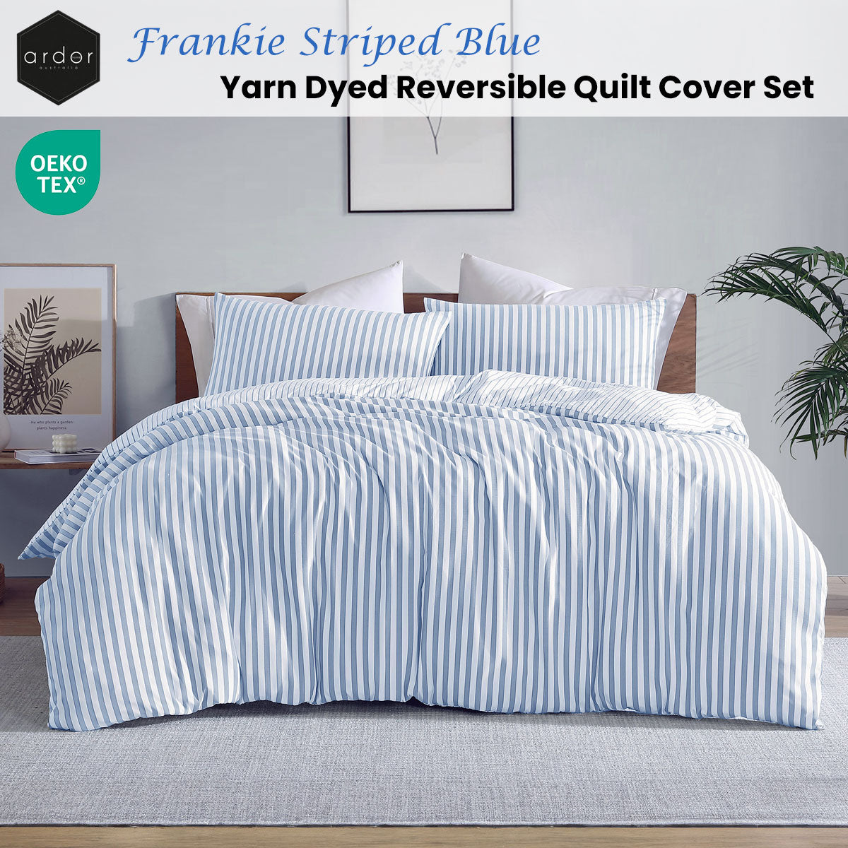 Ardor Frankie Blue Stripe Yarn Dyed Reversible Quilt Cover Set King