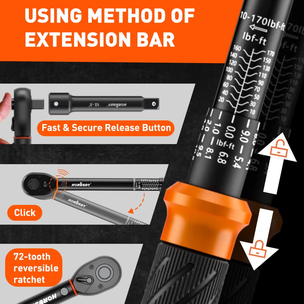 3Pc 1/2" Drive Click Torque Wrench Ratchet Socket  Adaptor Extension WorkShop