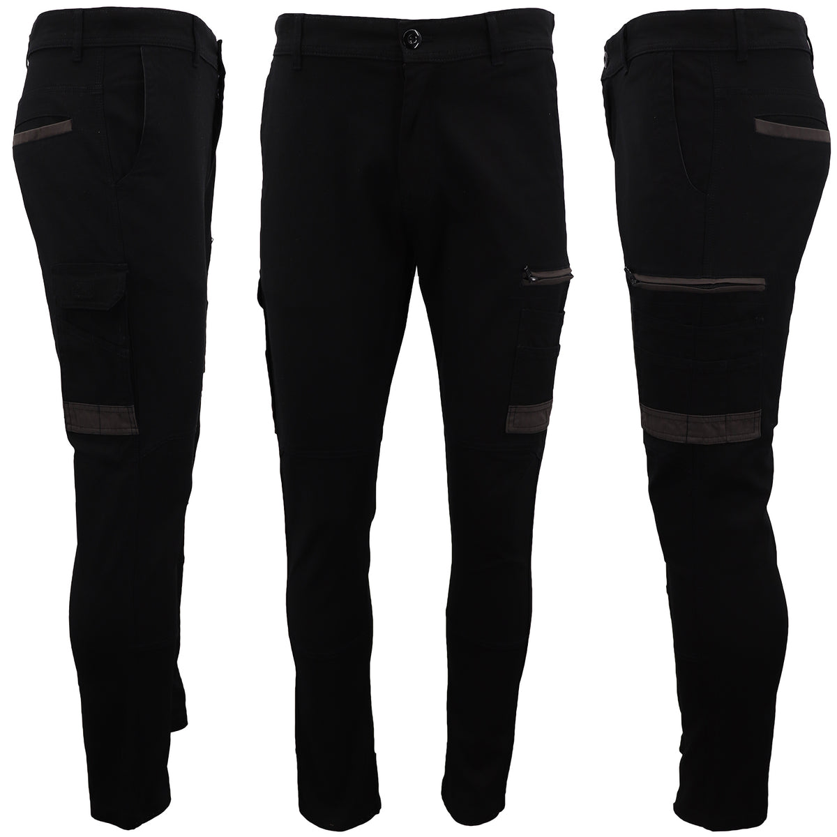 Men's Cotton Drill Cargo Work Pants UPF 50+ 13 Pockets Tradies Workwear Trousers, Black, 36