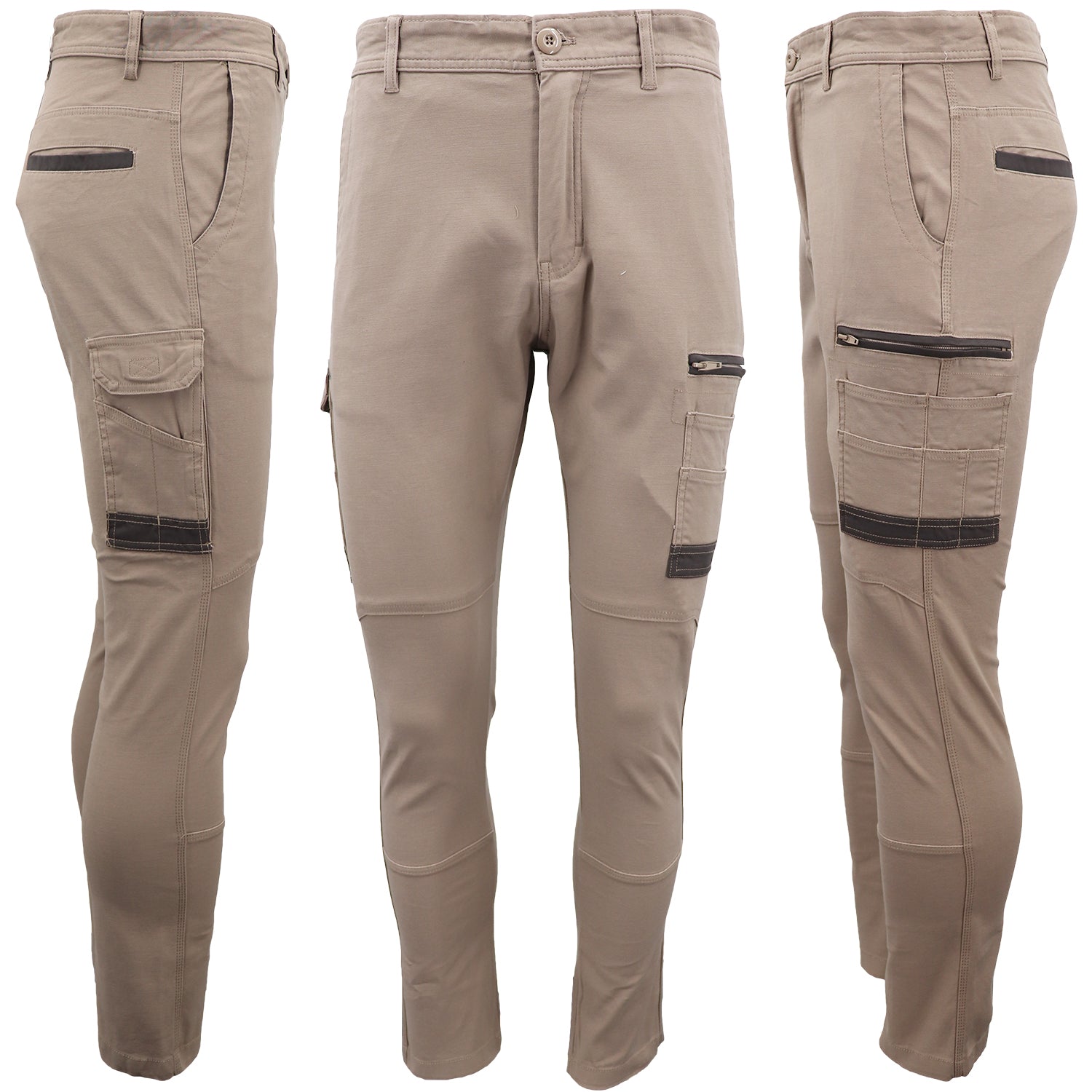 Men's Cotton Drill Cargo Work Pants UPF 50+ 13 Pockets Tradies Workwear Trousers, Khaki, 36