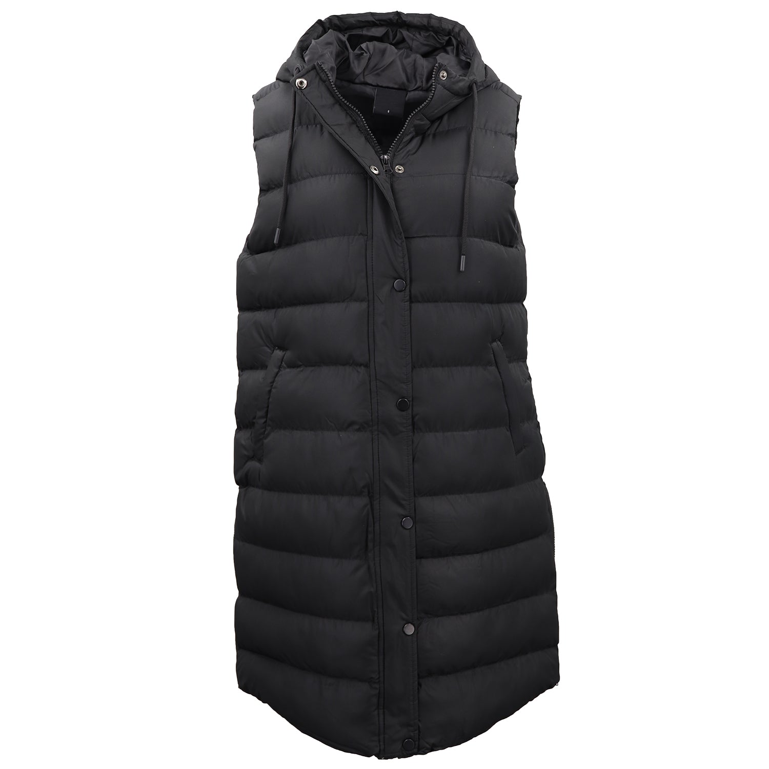 Women's Longline Padded Vest Hooded Jacket Puffer Puffy Quilted Zip Coat Gilet, Black, 18