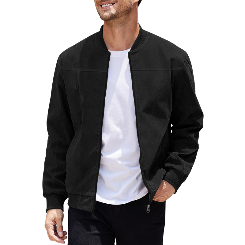 Men's Varsity Bomber Flight Jacket Breathable Windbreaker Zip Coat Faux Leather, Black, M