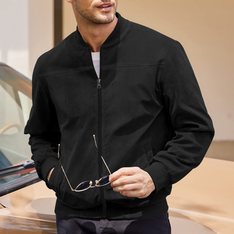 Men's Varsity Bomber Flight Jacket Breathable Windbreaker Zip Coat Faux Leather, Black, M