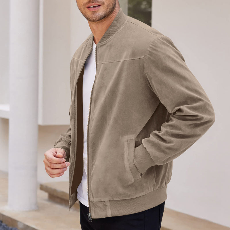 Men's Varsity Bomber Flight Jacket Breathable Windbreaker Zip Coat Faux Leather, Brown, S