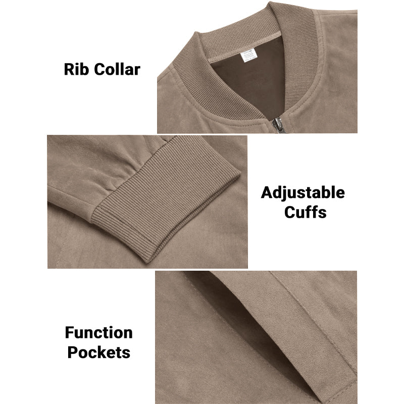 Men's Varsity Bomber Flight Jacket Breathable Windbreaker Zip Coat Faux Leather, Brown, L