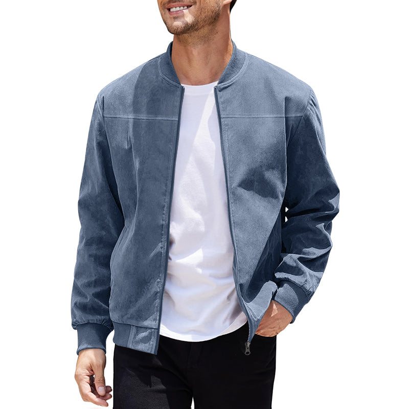 Men's Varsity Bomber Flight Jacket Breathable Windbreaker Zip Coat Faux Leather, Blue, 2XL