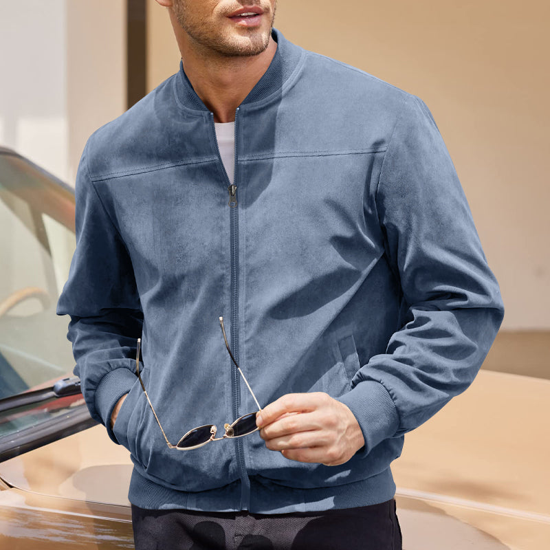 Men's Varsity Bomber Flight Jacket Breathable Windbreaker Zip Coat Faux Leather, Blue, 2XL