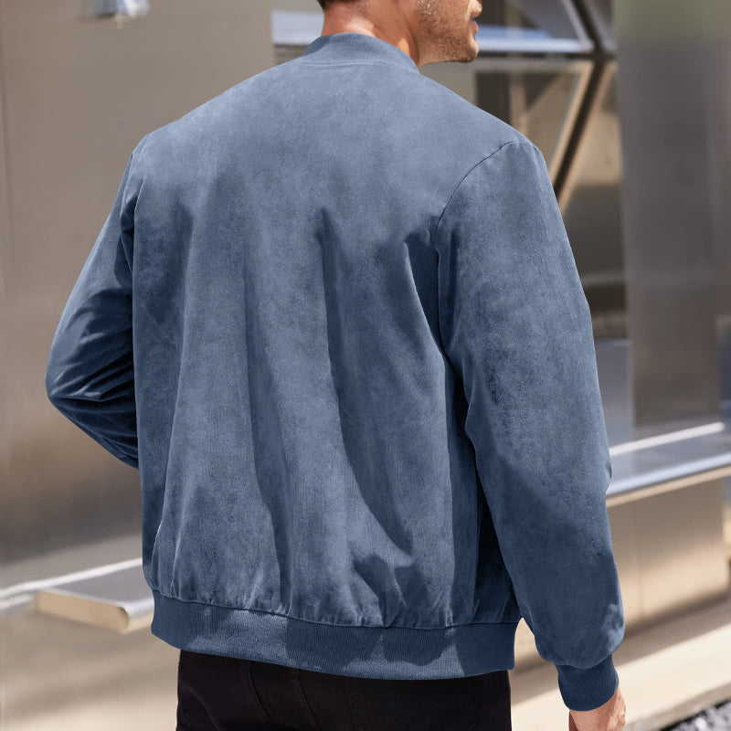 Men's Varsity Bomber Flight Jacket Breathable Windbreaker Zip Coat Faux Leather, Blue, 2XL