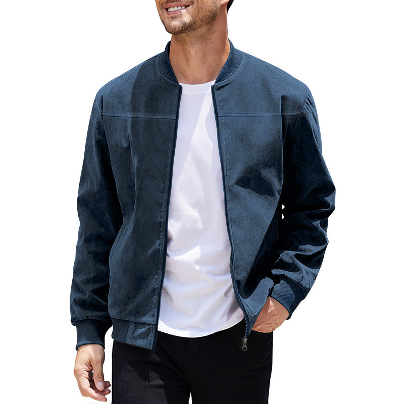 Men's Varsity Bomber Flight Jacket Breathable Windbreaker Zip Coat Faux Leather, Navy, M