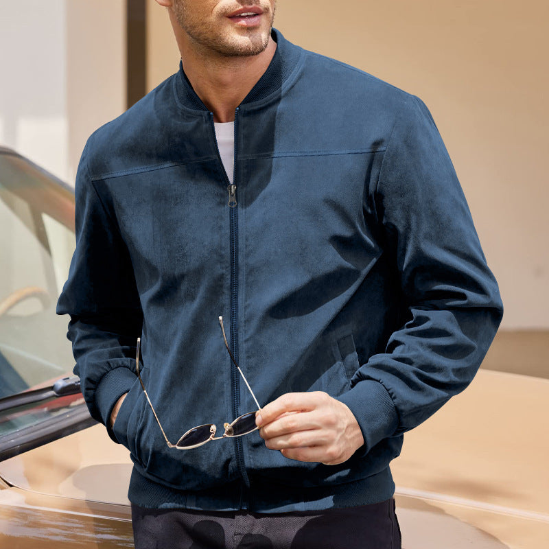 Men's Varsity Bomber Flight Jacket Breathable Windbreaker Zip Coat Faux Leather, Navy, M