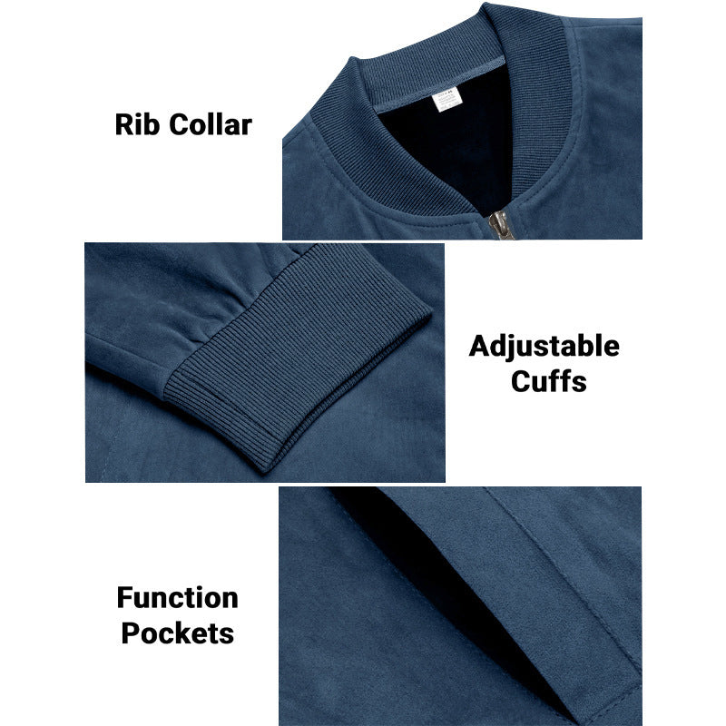 Men's Varsity Bomber Flight Jacket Breathable Windbreaker Zip Coat Faux Leather, Navy, M