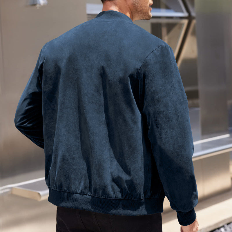 Men's Varsity Bomber Flight Jacket Breathable Windbreaker Zip Coat Faux Leather, Navy, 3XL
