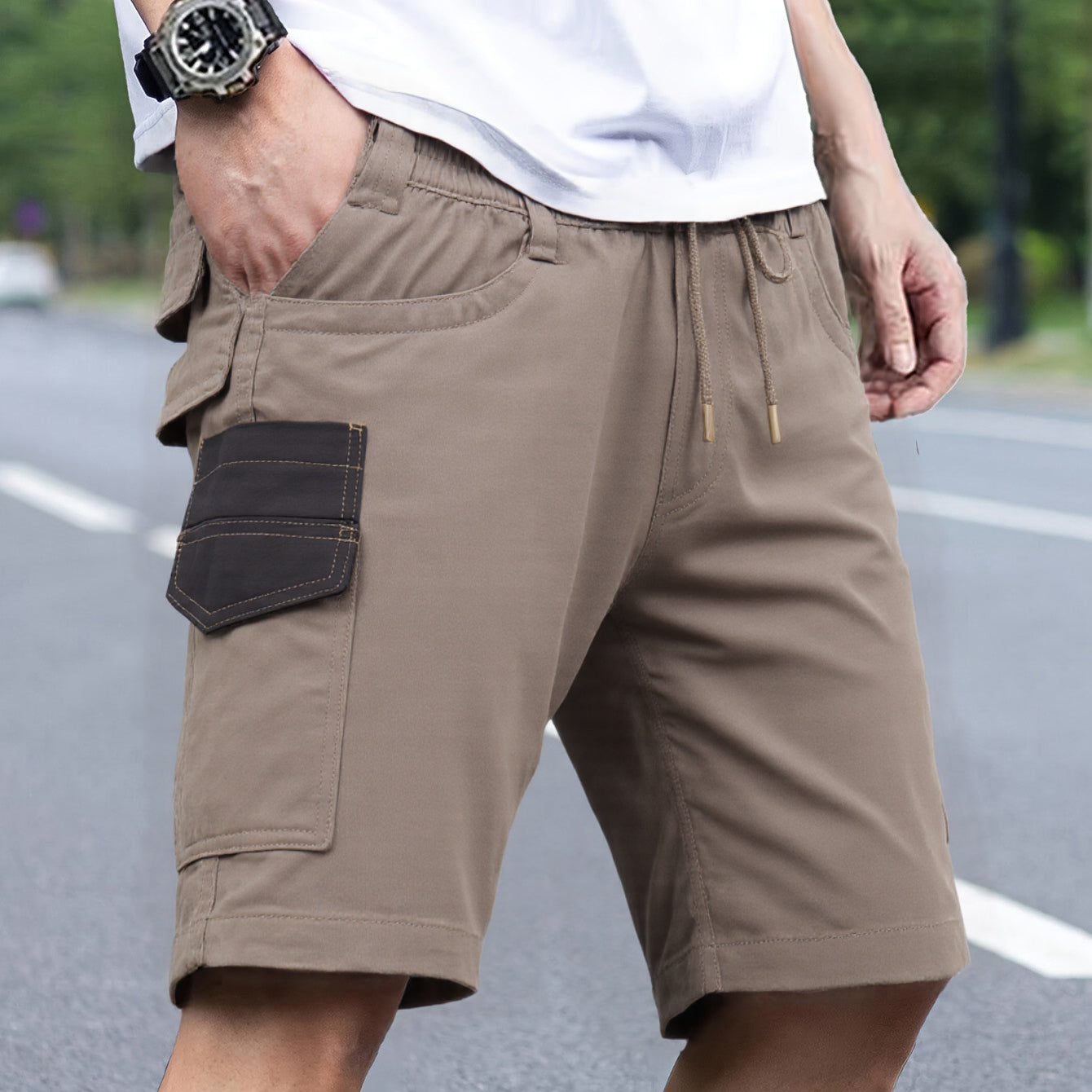 Mens Cargo Cotton Work Shorts 10 Pockets Tradies Utility Pants Workwear Trousers, Khaki, 32