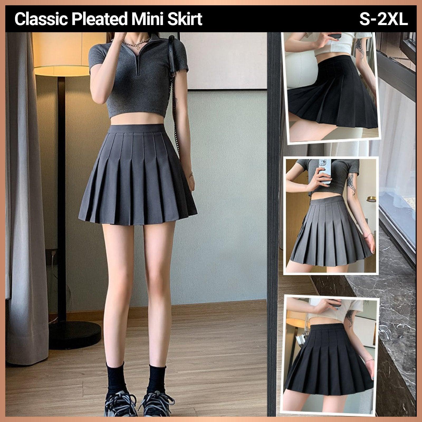 Grey Women High Waist Pleated Tennis Skirt Summer Slimming - S