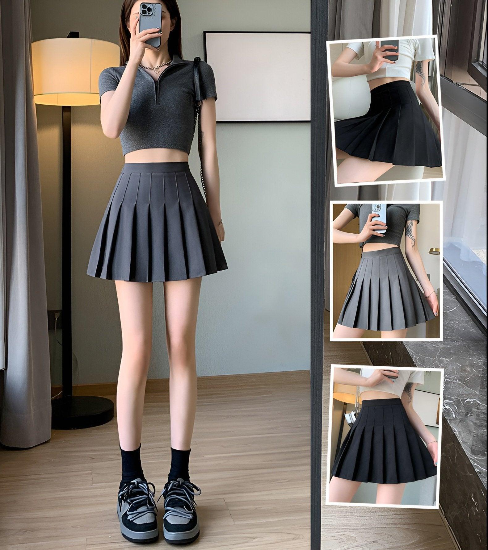 Grey Women High Waist Pleated Tennis Skirt Summer Slimming - S