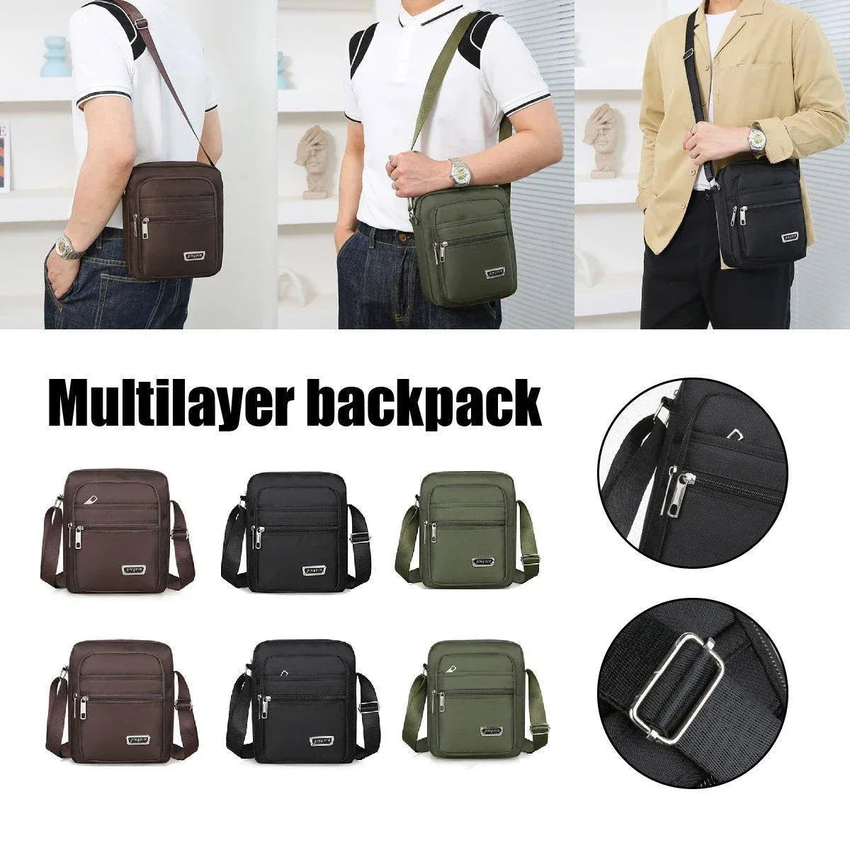 Mens Crossbody Shoulder Bag Travel Messenger Bag Casual Handbag for Boys and Men - Black-6 zippers