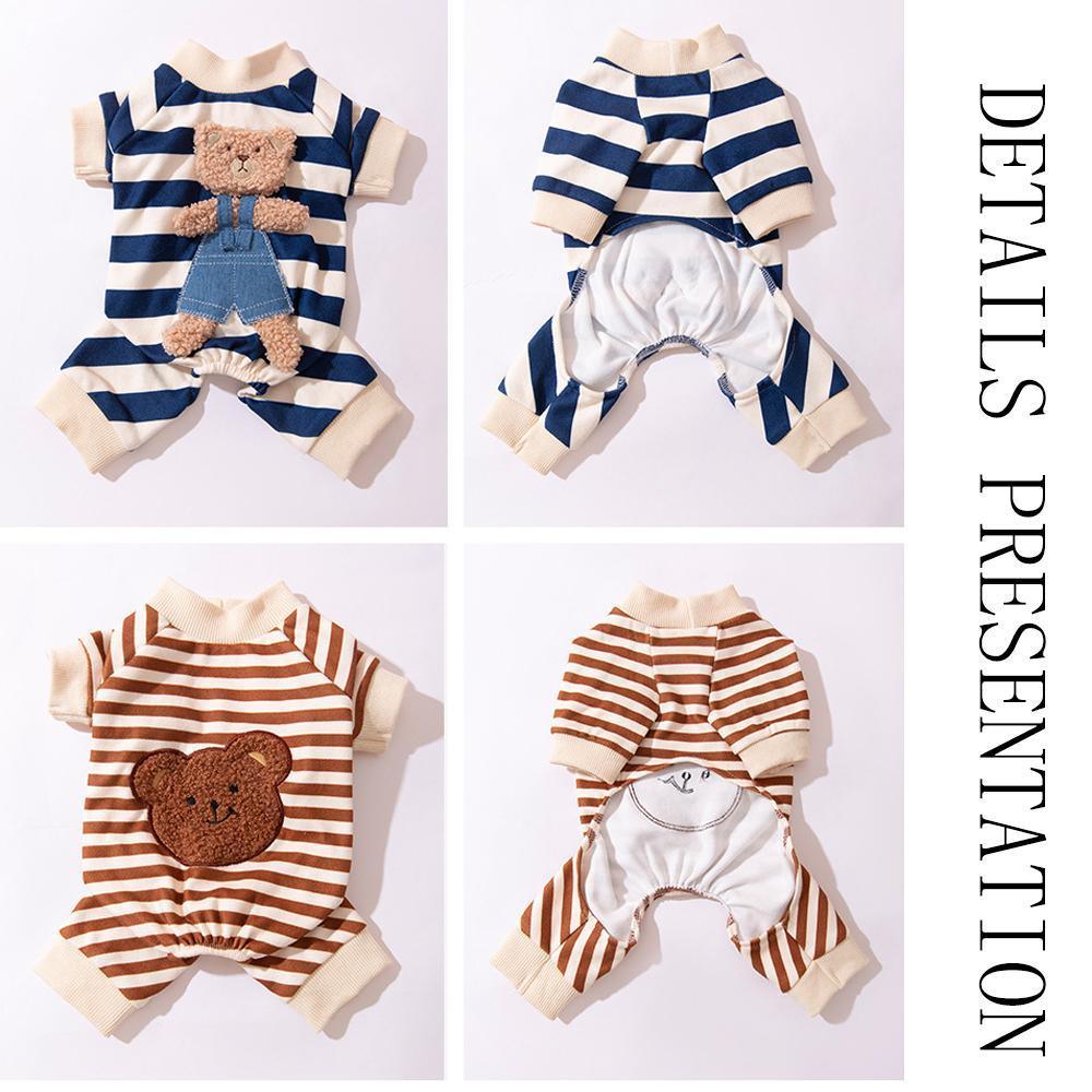 Cute Bear Striped Dog Home Clothes Cat Pet Outfit Cozy Animal Pajamas for Pets - Navy blue - XL