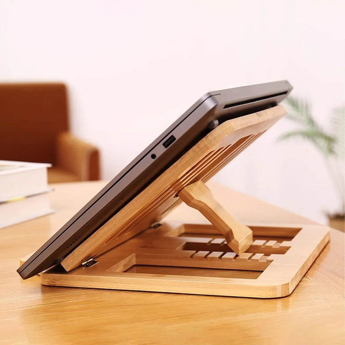 1-Piece Foldable Bamboo Laptop Stand with Adjustable Angles