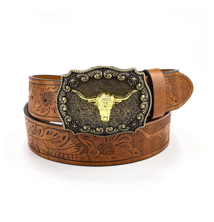 Retro Punk Belt with Cow Head Large Plate Buckle Trendy Western Waist Strap - 115cm