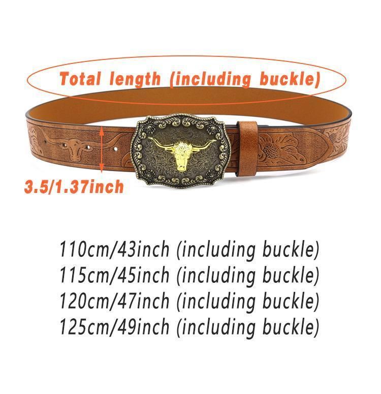 Retro Punk Belt with Cow Head Large Plate Buckle Trendy Western Waist Strap - 115cm