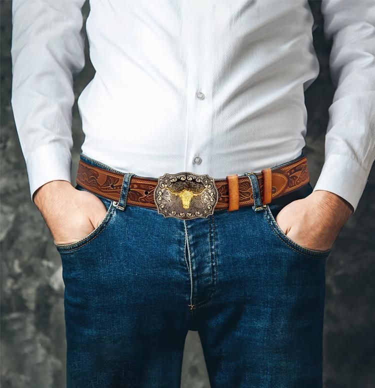 Retro Punk Belt with Cow Head Large Plate Buckle Trendy Western Waist Strap - 115cm