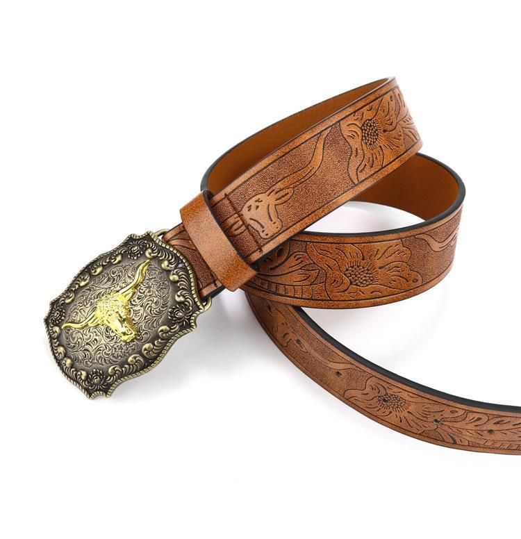 Retro Punk Belt with Cow Head Large Plate Buckle Trendy Western Waist Strap - 115cm