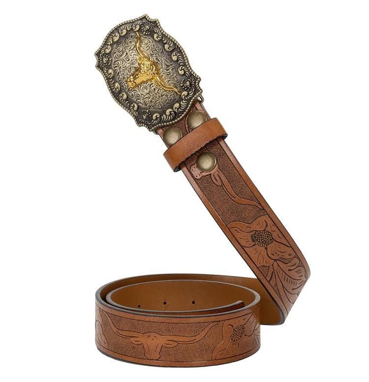 Retro Punk Belt with Cow Head Large Plate Buckle Trendy Western Waist Strap - 115cm
