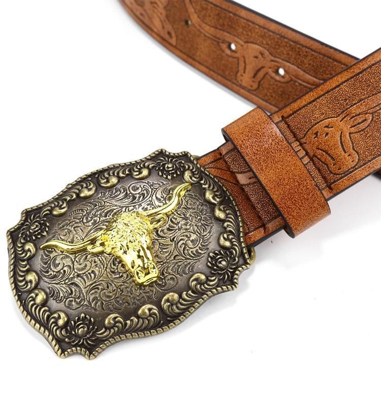 Retro Punk Belt with Cow Head Large Plate Buckle Trendy Western Waist Strap - 115cm