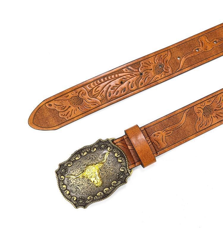 Retro Punk Belt with Cow Head Large Plate Buckle Trendy Western Waist Strap - 115cm