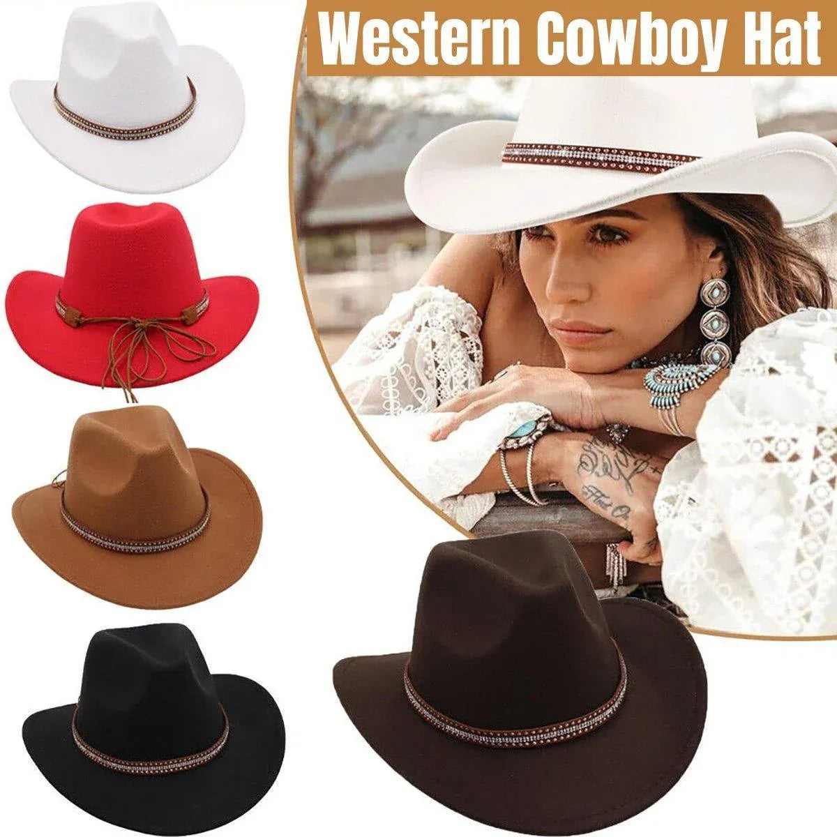 Western Cowboy Hat American Wool Felt Jazz Hat for Men Women Upside Down Top Hat - Black