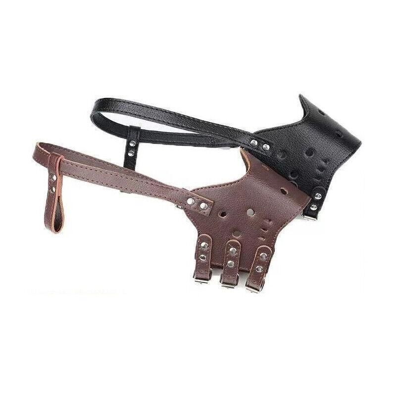 Adjustable Leather Pet Dog Mask Mouth Muzzle Anti Barking Bite Stop Chewing Brown - XL
