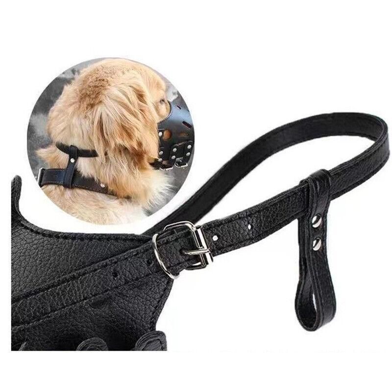 Adjustable Leather Pet Dog Mask Mouth Muzzle Anti Barking Bite Stop Chewing Brown - XL
