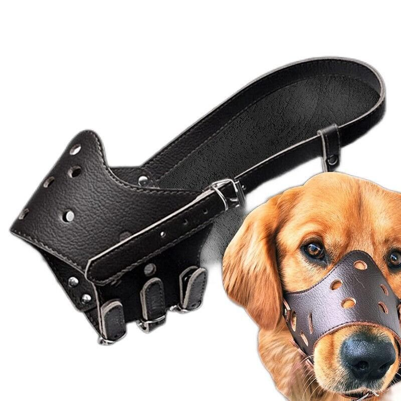 Adjustable Leather Pet Dog Mask Mouth Muzzle Anti Barking Bite Stop Chewing Brown - L