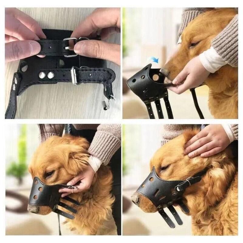 Adjustable Leather Pet Dog Mask Mouth Muzzle Anti Barking Bite Stop Chewing Brown - S