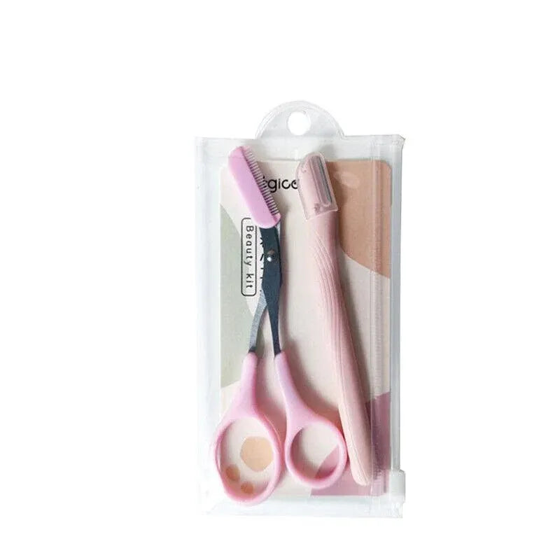 Eyebrow Scissors with Comb Stainless Steel Makeup Trimmer Beauty Tool 3 Colours - Pink (Eyebrow Razor + Scissor)