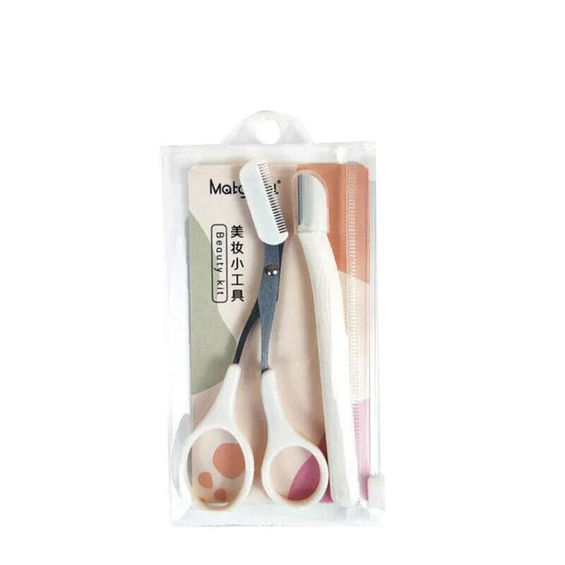 Eyebrow Scissors with Comb Stainless Steel Makeup Trimmer Beauty Tool 3 Colours - White (Eyebrow Razor + Scissor)