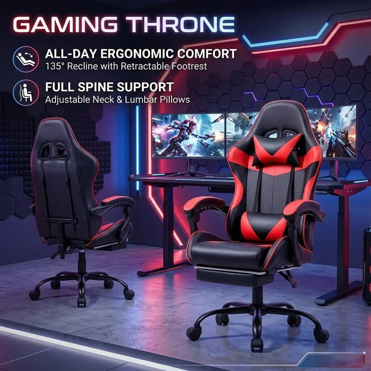 Black and Red Gaming Chair with Footrest and Lumbar Support