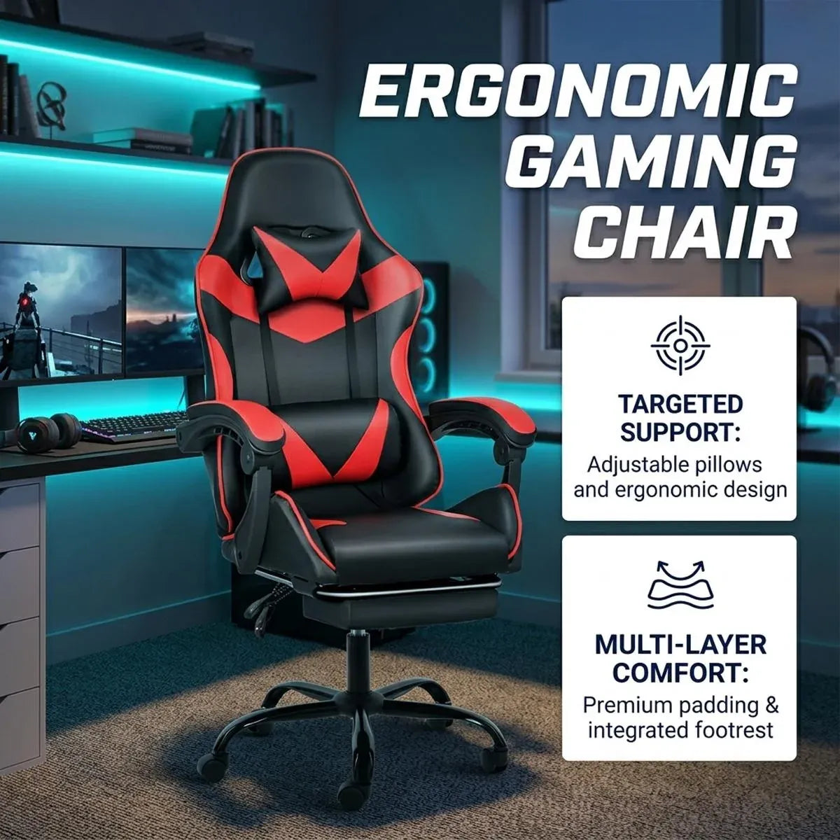 Black and Red Gaming Chair with Footrest and Lumbar Support