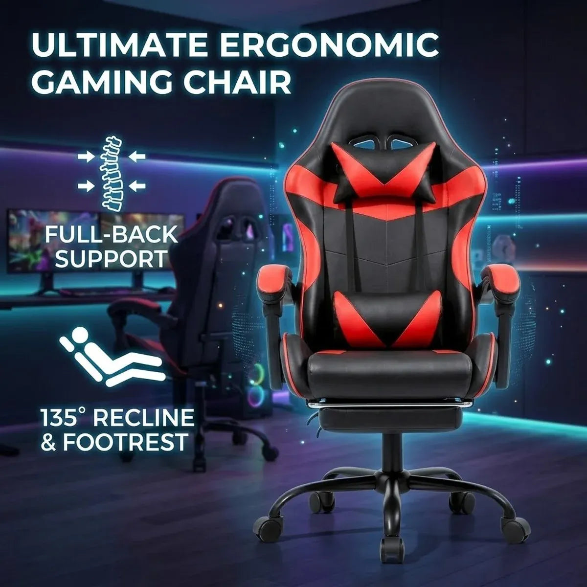 Black and Red Gaming Chair with Footrest and Lumbar Support