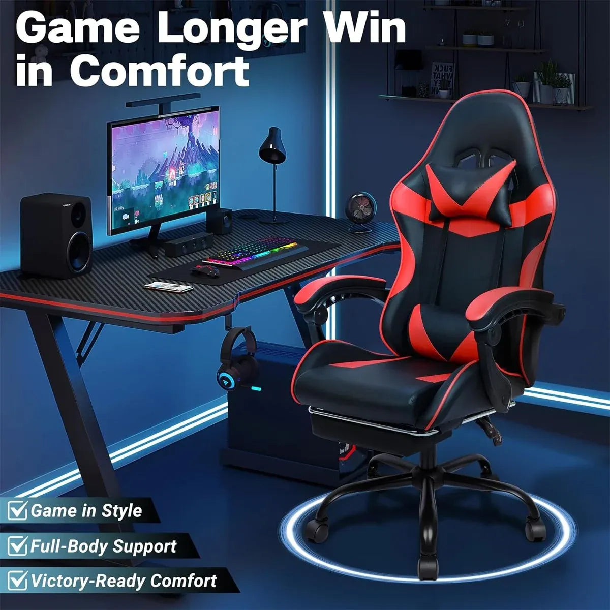 Black and Red Gaming Chair with Footrest and Lumbar Support