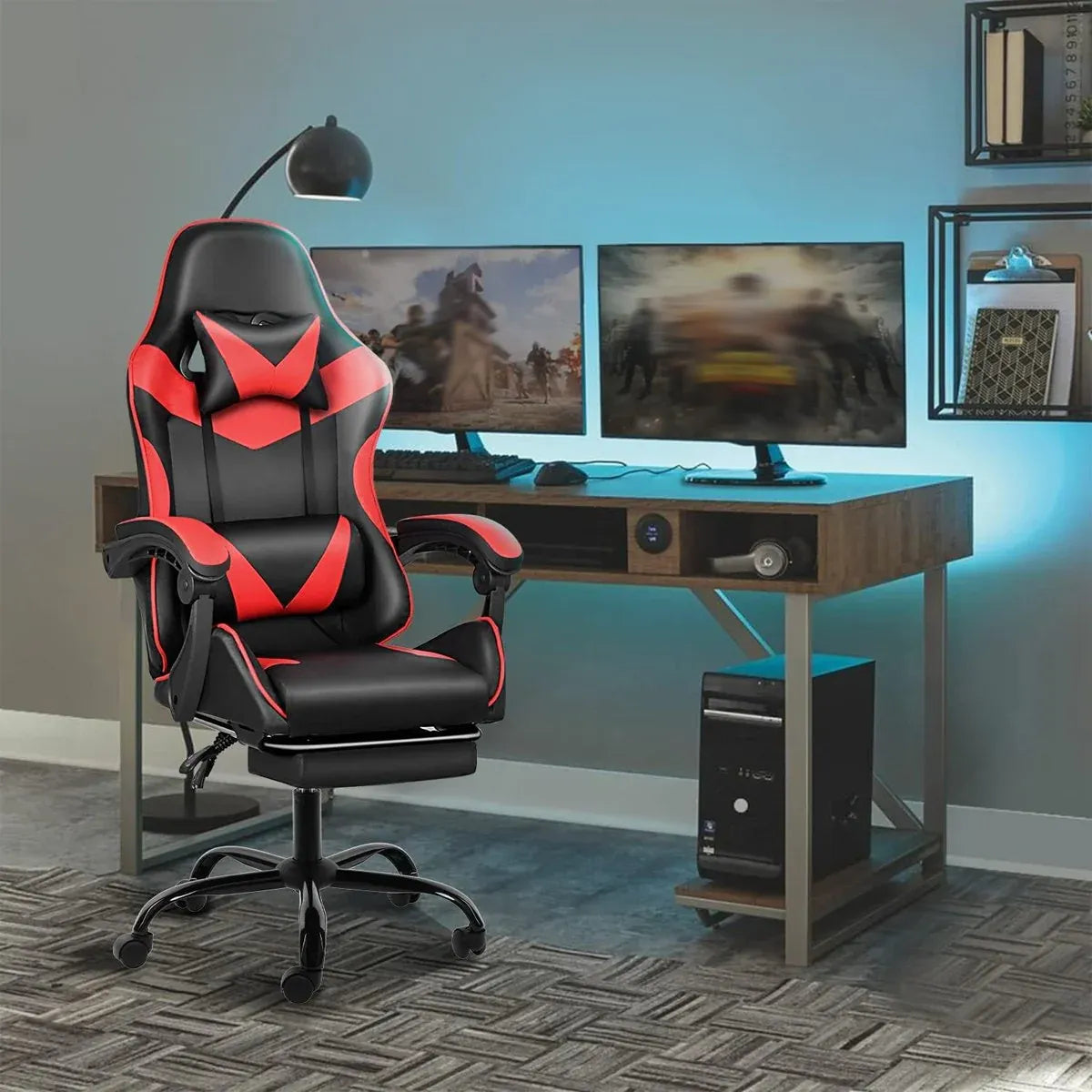 Black and Red Gaming Chair with Footrest and Lumbar Support